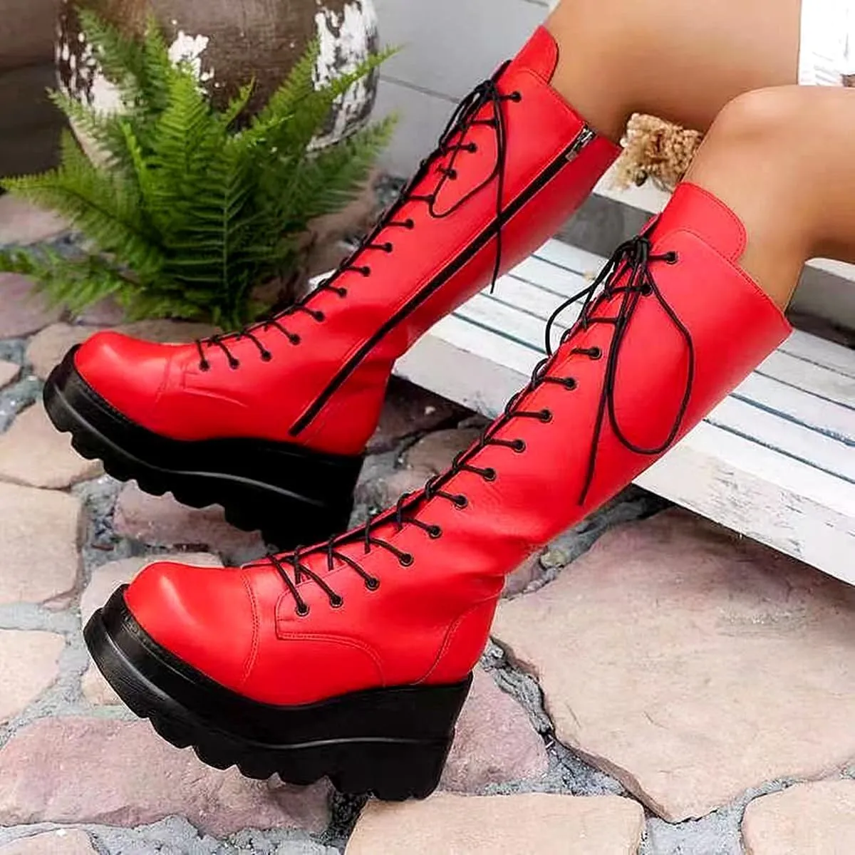 Gothniero High Platform Knee Boots Chunky Heel Wedge Black Boots For Women Combat Goth Punk Motorcycle Booties Zip up With Metal Buckles Size5-11