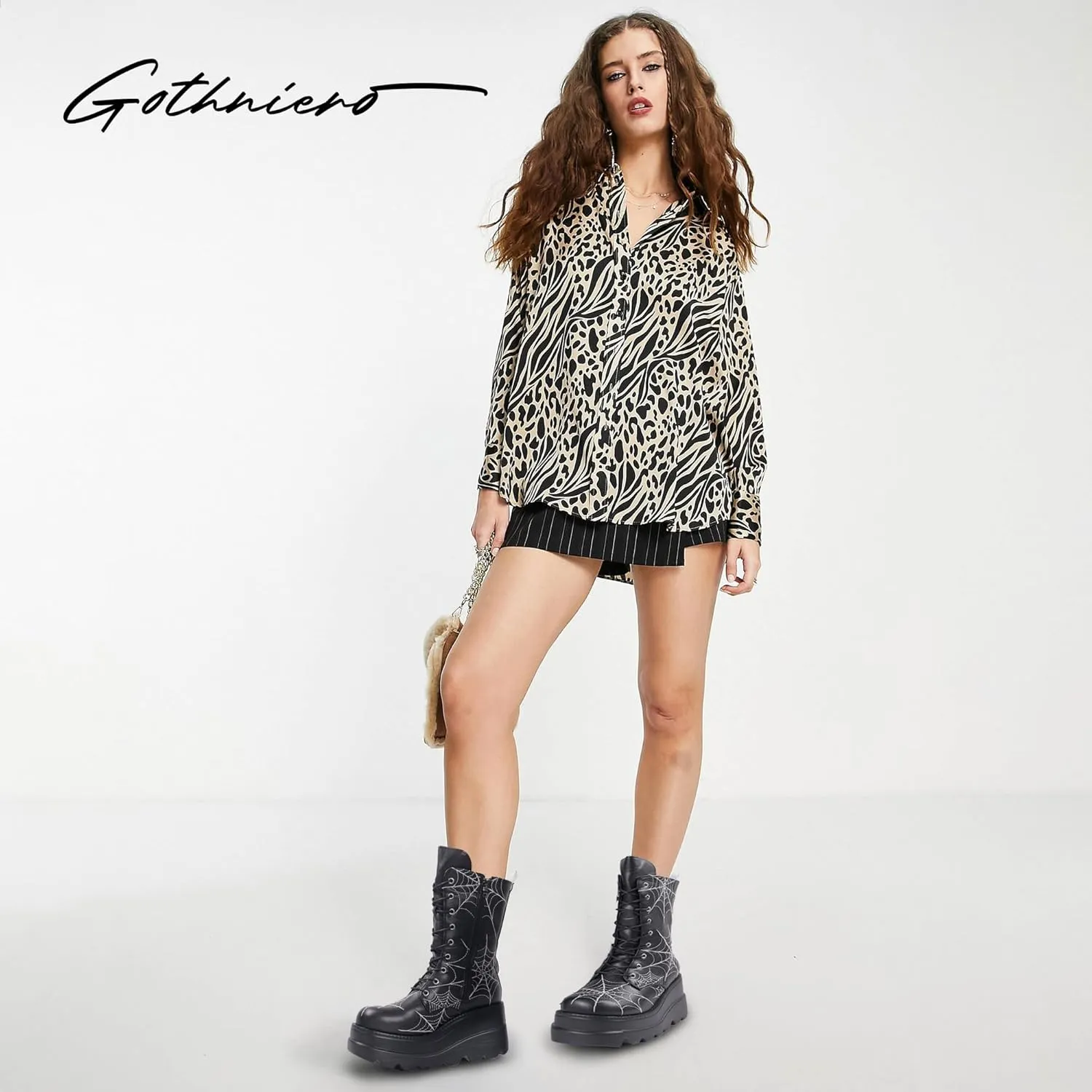Gothniero Women Black Platform Goth Boots Mid Calf with Heel Knee High Boots Winter Chunky Heel Punk Rave Boots Girls Lace Up Combat Booties Size 5.5-11