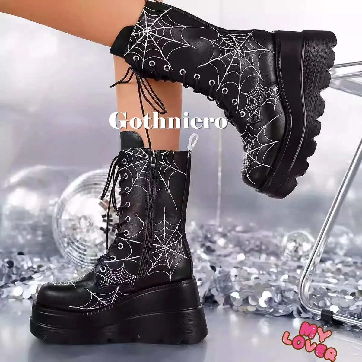 Gothniero Women Black Platform Goth Boots Mid Calf with Heel Knee High Boots Winter Chunky Heel Punk Rave Boots Girls Lace Up Combat Booties Size 5.5-11