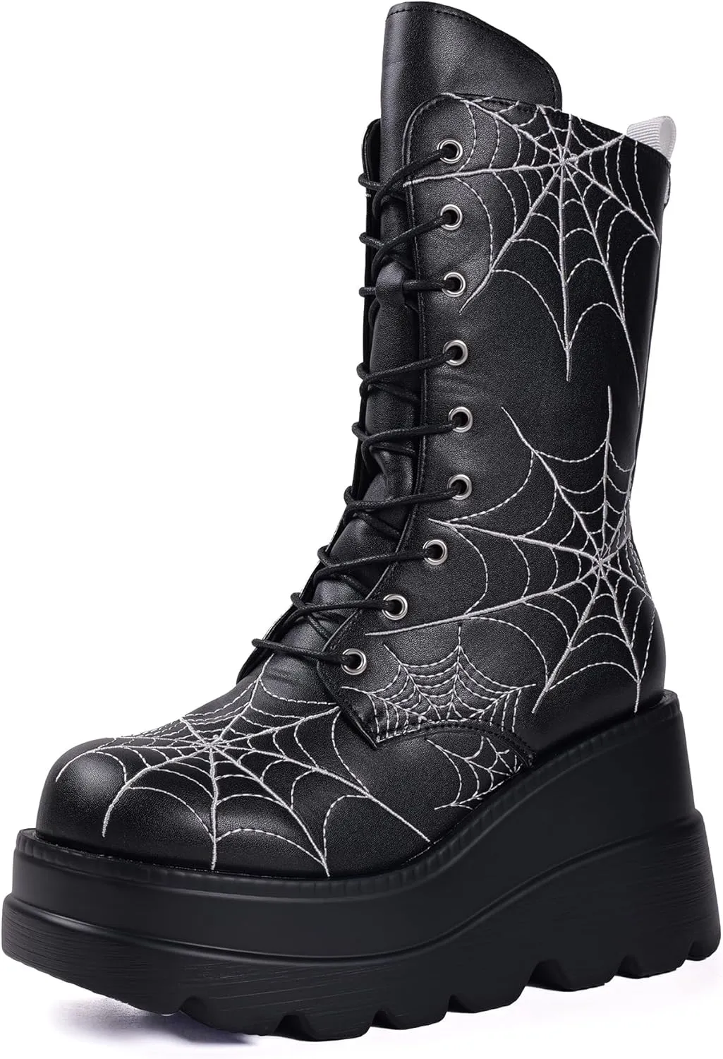 Gothniero Women Black Platform Goth Boots Mid Calf with Heel Knee High Boots Winter Chunky Heel Punk Rave Boots Girls Lace Up Combat Booties Size 5.5-11
