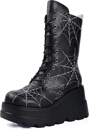 Gothniero Women Black Platform Goth Boots Mid Calf with Heel Knee High Boots Winter Chunky Heel Punk Rave Boots Girls Lace Up Combat Booties Size 5.5-11