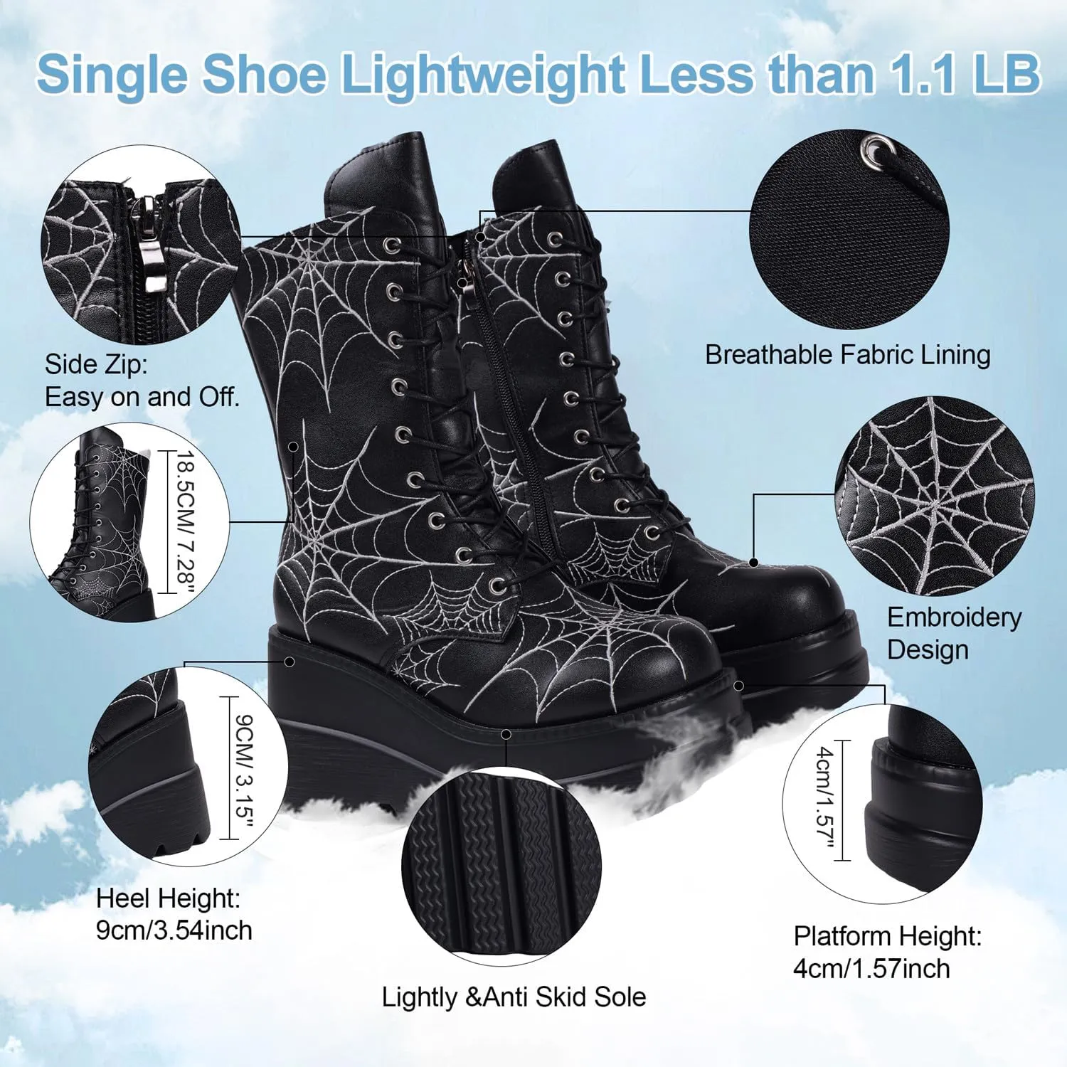 Gothniero Women Black Platform Goth Boots Mid Calf with Heel Knee High Boots Winter Chunky Heel Punk Rave Boots Girls Lace Up Combat Booties Size 5.5-11