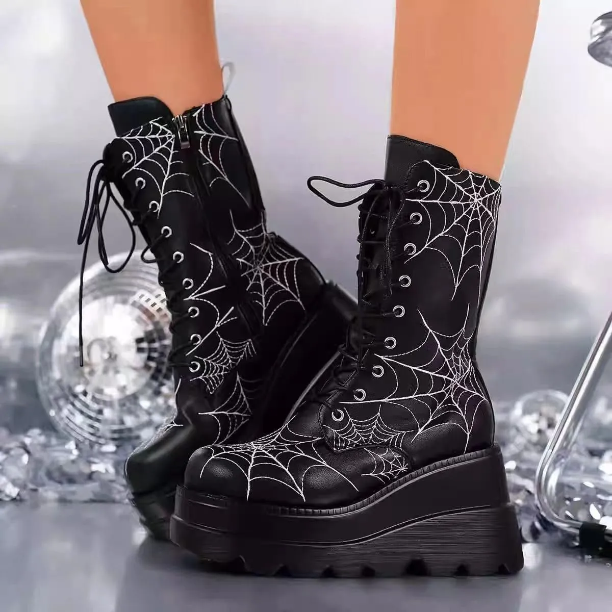 Gothniero Women Black Platform Goth Boots Mid Calf with Heel Knee High Boots Winter Chunky Heel Punk Rave Boots Girls Lace Up Combat Booties Size 5.5-11