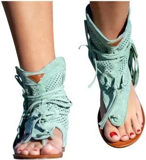 Hbeylia Sandals for Women Roman Retro Bohemian Bead Gladiator Fringe Tassel Casual Sandals Flat Clip Toe Ankle Boots T-Strap Summer Suede Tassel Flip Flop Flat Slippers