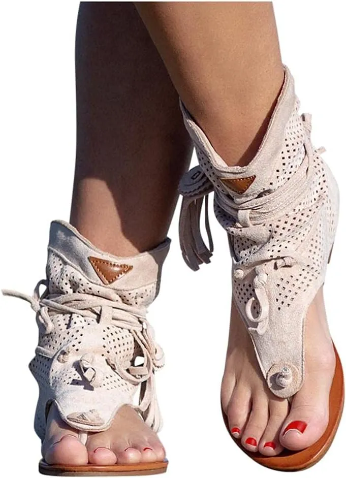 Hbeylia Sandals for Women Roman Retro Bohemian Bead Gladiator Fringe Tassel Casual Sandals Flat Clip Toe Ankle Boots T-Strap Summer Suede Tassel Flip Flop Flat Slippers