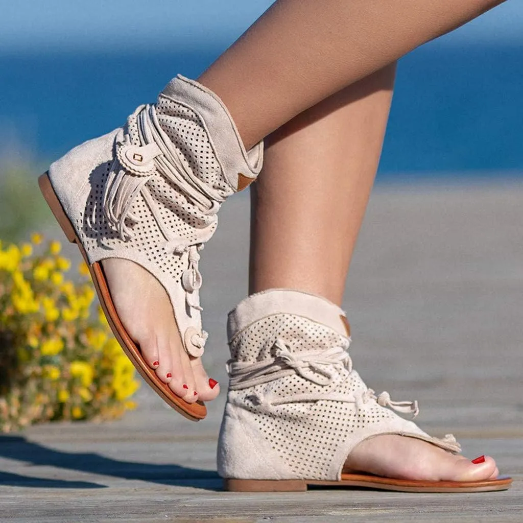 Hbeylia Sandals for Women Roman Retro Bohemian Bead Gladiator Fringe Tassel Casual Sandals Flat Clip Toe Ankle Boots T-Strap Summer Suede Tassel Flip Flop Flat Slippers