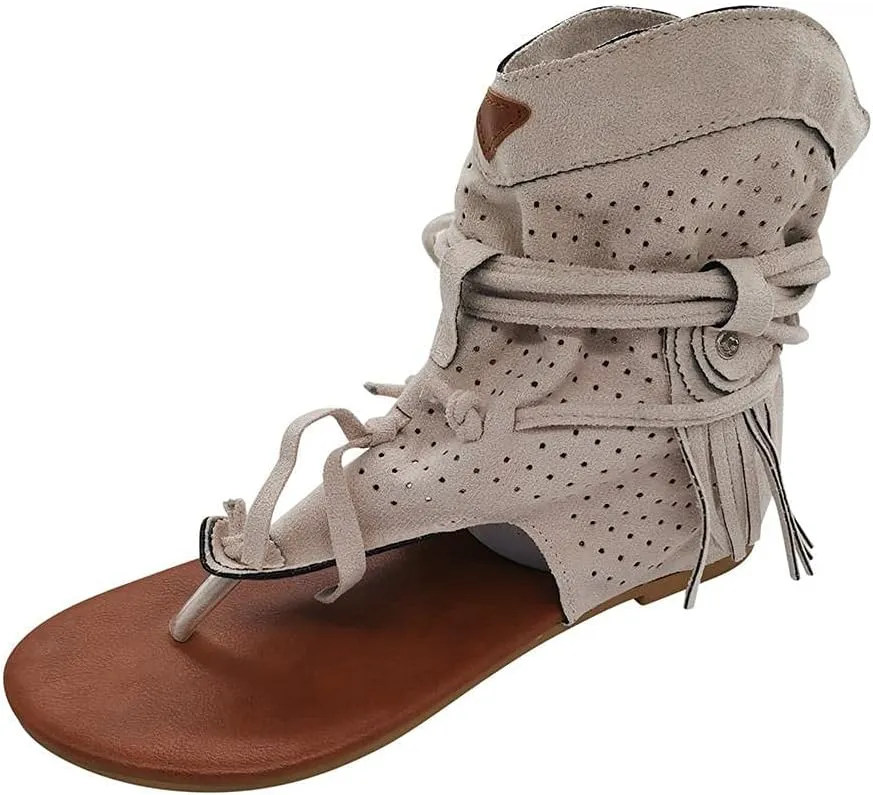 Hbeylia Sandals for Women Roman Retro Bohemian Bead Gladiator Fringe Tassel Casual Sandals Flat Clip Toe Ankle Boots T-Strap Summer Suede Tassel Flip Flop Flat Slippers