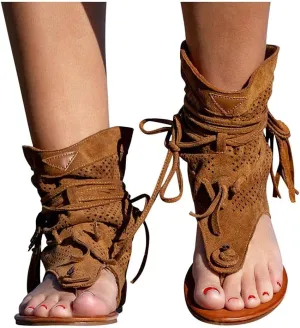 Hbeylia Sandals for Women Roman Retro Bohemian Bead Gladiator Fringe Tassel Casual Sandals Flat Clip Toe Ankle Boots T-Strap Summer Suede Tassel Flip Flop Flat Slippers