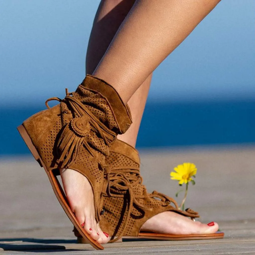 Hbeylia Sandals for Women Roman Retro Bohemian Bead Gladiator Fringe Tassel Casual Sandals Flat Clip Toe Ankle Boots T-Strap Summer Suede Tassel Flip Flop Flat Slippers