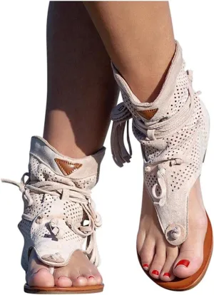 Hbeylia Sandals for Women Roman Retro Bohemian Bead Gladiator Fringe Tassel Casual Sandals Flat Clip Toe Ankle Boots T-Strap Summer Suede Tassel Flip Flop Flat Slippers