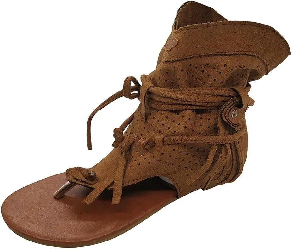 Hbeylia Sandals for Women Roman Retro Bohemian Bead Gladiator Fringe Tassel Casual Sandals Flat Clip Toe Ankle Boots T-Strap Summer Suede Tassel Flip Flop Flat Slippers