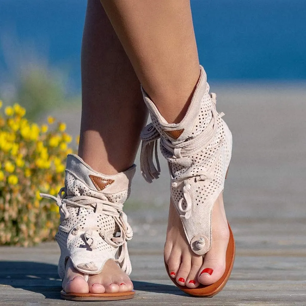 Hbeylia Sandals for Women Roman Retro Bohemian Bead Gladiator Fringe Tassel Casual Sandals Flat Clip Toe Ankle Boots T-Strap Summer Suede Tassel Flip Flop Flat Slippers