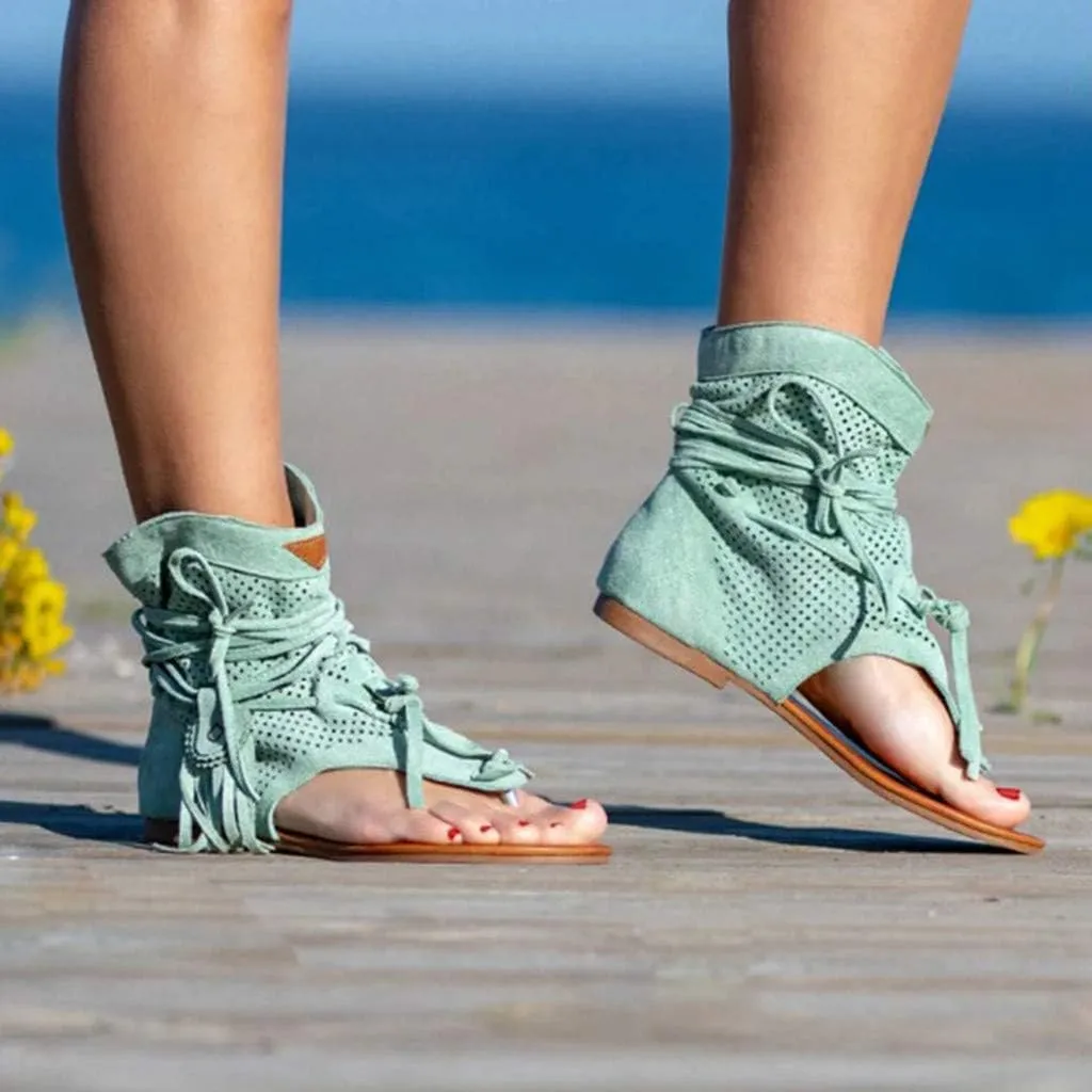 Hbeylia Sandals for Women Roman Retro Bohemian Bead Gladiator Fringe Tassel Casual Sandals Flat Clip Toe Ankle Boots T-Strap Summer Suede Tassel Flip Flop Flat Slippers