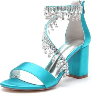 High Block Heel Wedding Shoes Open Toe Women Heeled Sandals Rhinestones Bride Chunky Heels