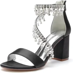 High Block Heel Wedding Shoes Open Toe Women Heeled Sandals Rhinestones Bride Chunky Heels