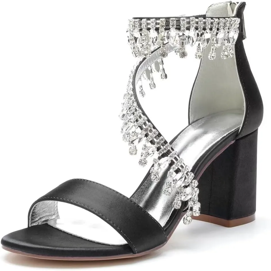 High Block Heel Wedding Shoes Open Toe Women Heeled Sandals Rhinestones Bride Chunky Heels