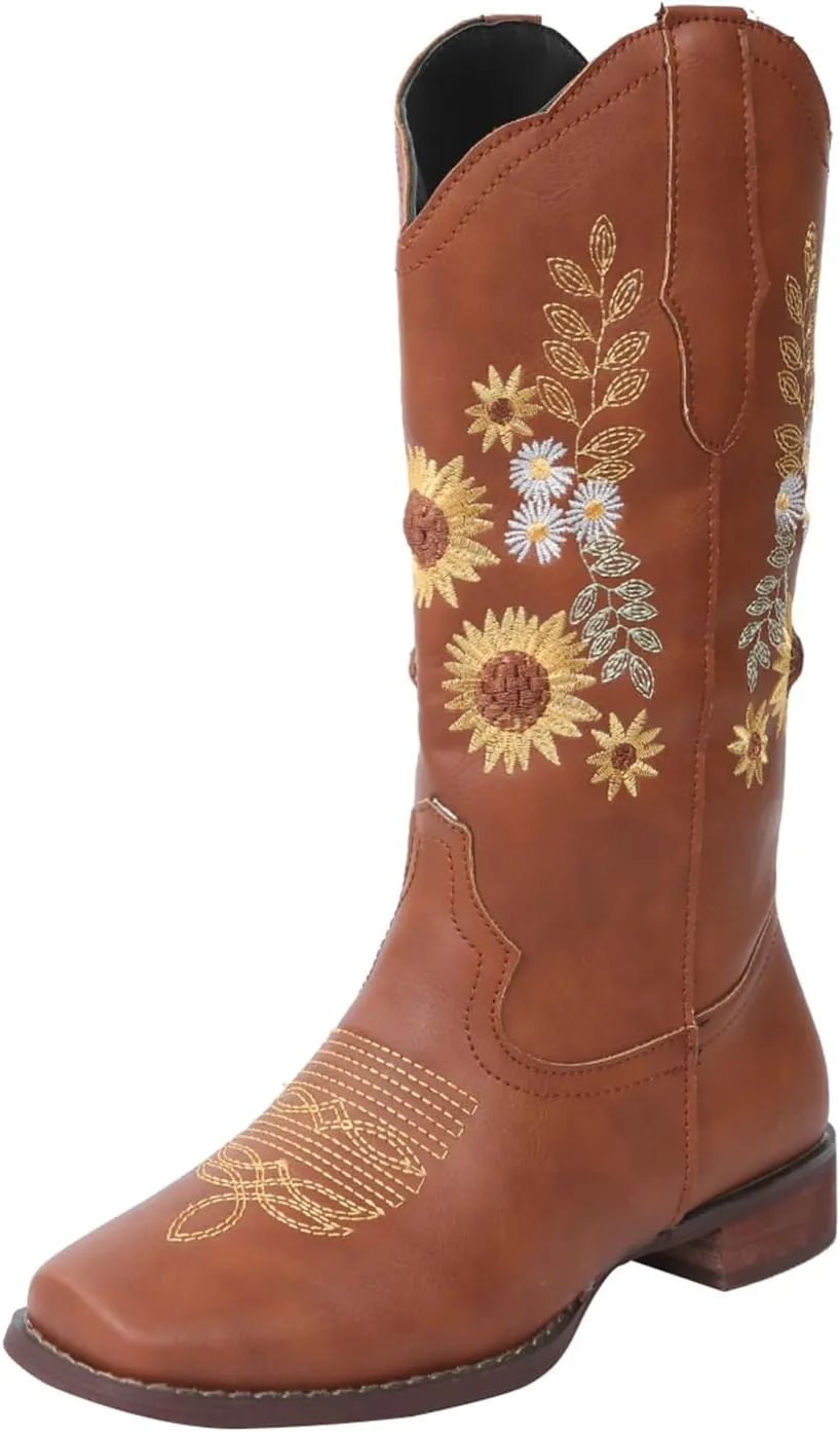 HINDOLA Cowboy Boots for Women Mid Calf Cowgirl Western Boots Sunflower Embroidery Stitched Square Toe Low Heel Ankle Boots