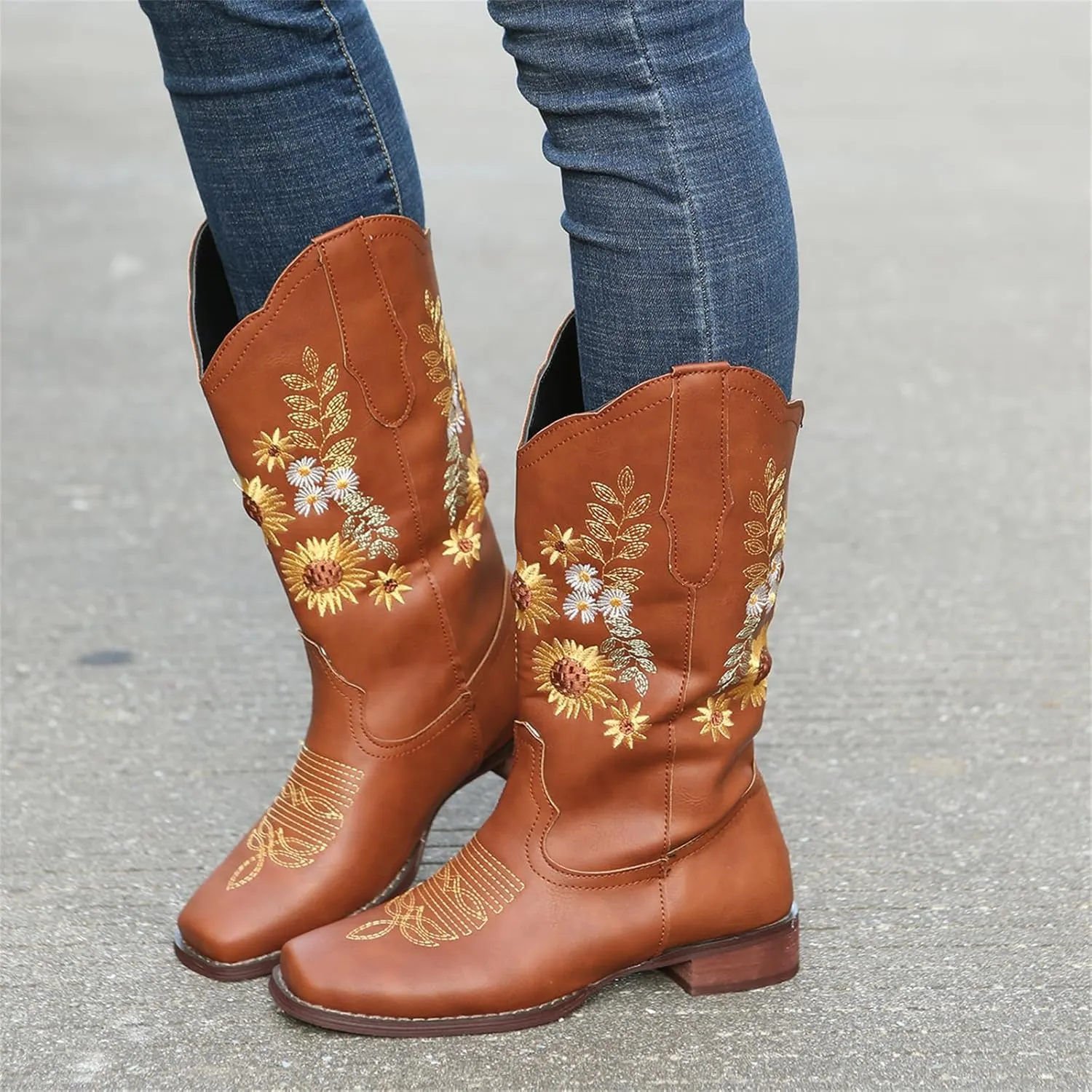 HINDOLA Cowboy Boots for Women Mid Calf Cowgirl Western Boots Sunflower Embroidery Stitched Square Toe Low Heel Ankle Boots