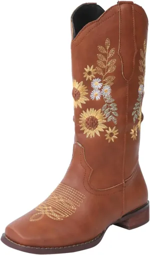 HINDOLA Cowboy Boots for Women Mid Calf Cowgirl Western Boots Sunflower Embroidery Stitched Square Toe Low Heel Ankle Boots