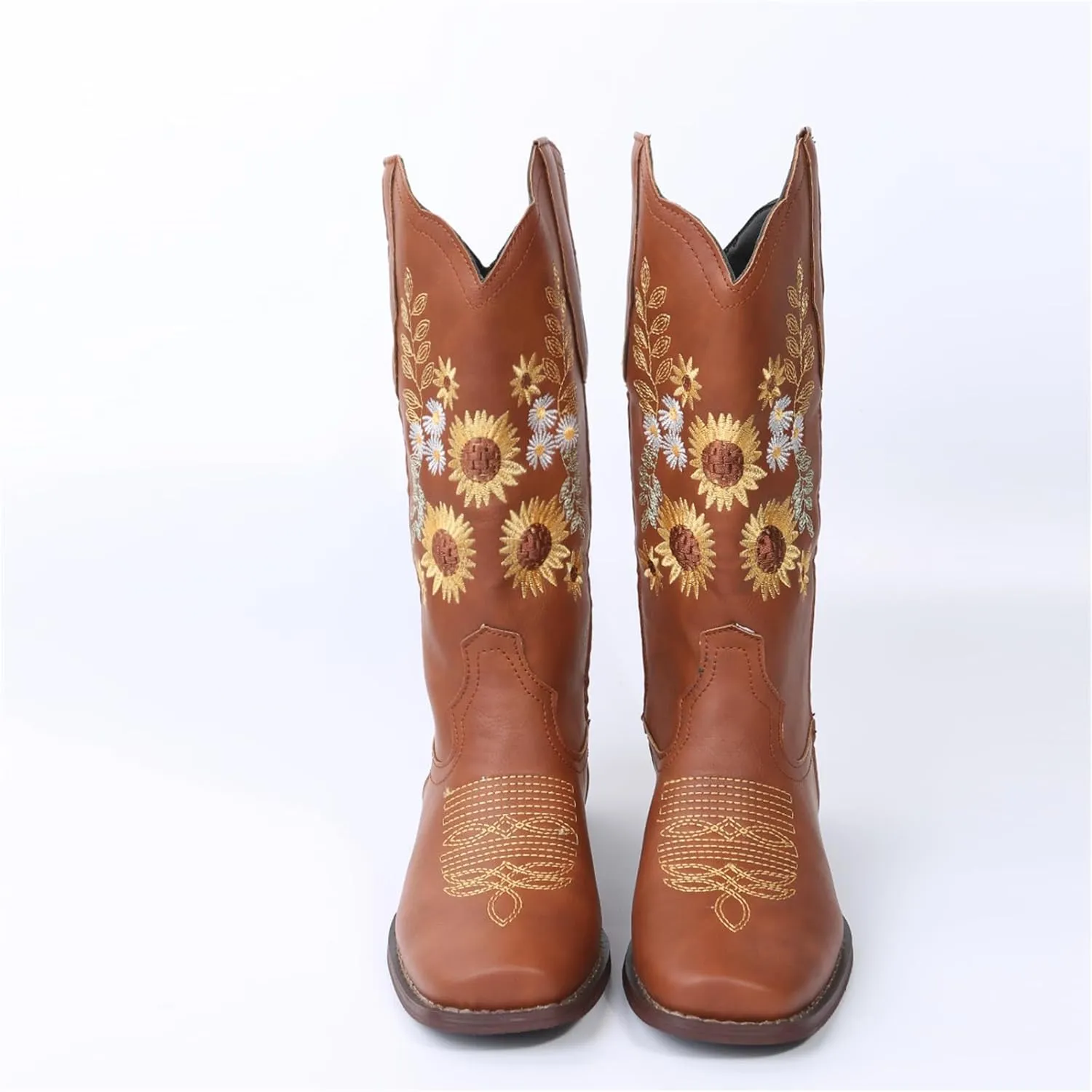 HINDOLA Cowboy Boots for Women Mid Calf Cowgirl Western Boots Sunflower Embroidery Stitched Square Toe Low Heel Ankle Boots