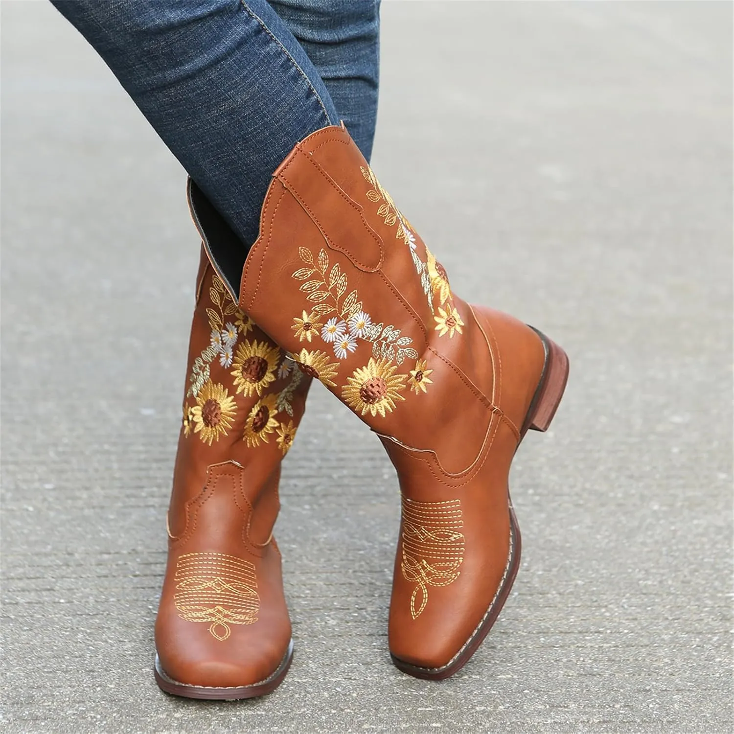 HINDOLA Cowboy Boots for Women Mid Calf Cowgirl Western Boots Sunflower Embroidery Stitched Square Toe Low Heel Ankle Boots