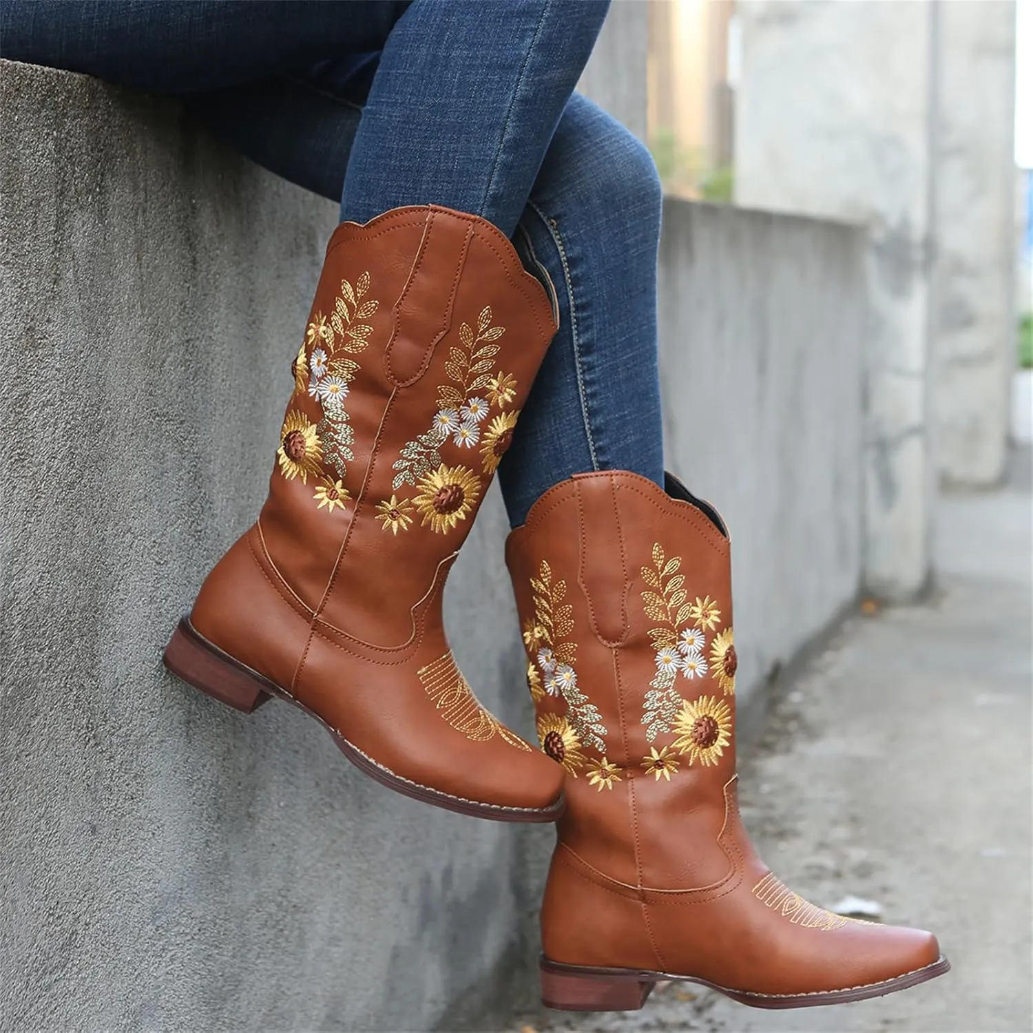HINDOLA Cowboy Boots for Women Mid Calf Cowgirl Western Boots Sunflower Embroidery Stitched Square Toe Low Heel Ankle Boots