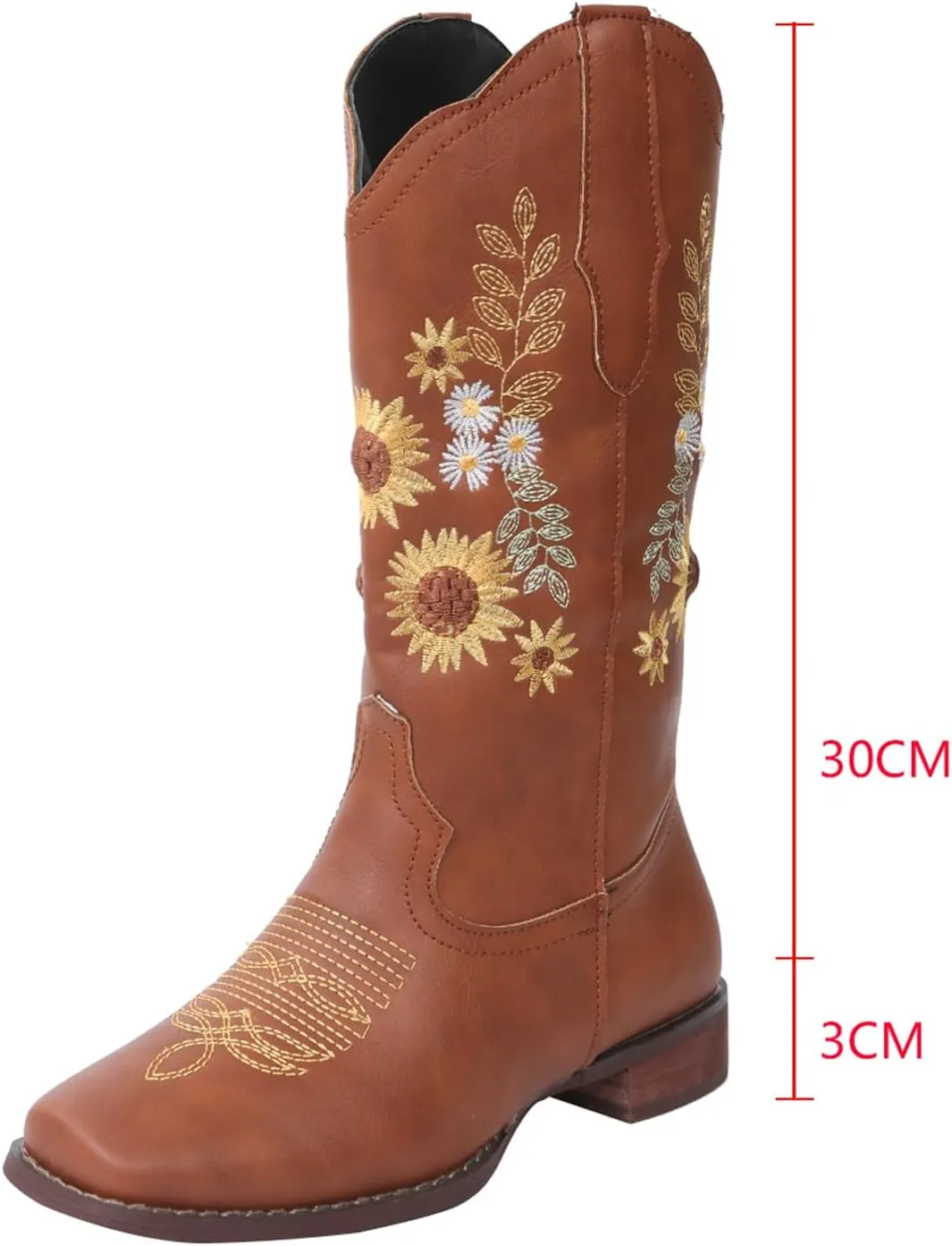 HINDOLA Cowboy Boots for Women Mid Calf Cowgirl Western Boots Sunflower Embroidery Stitched Square Toe Low Heel Ankle Boots