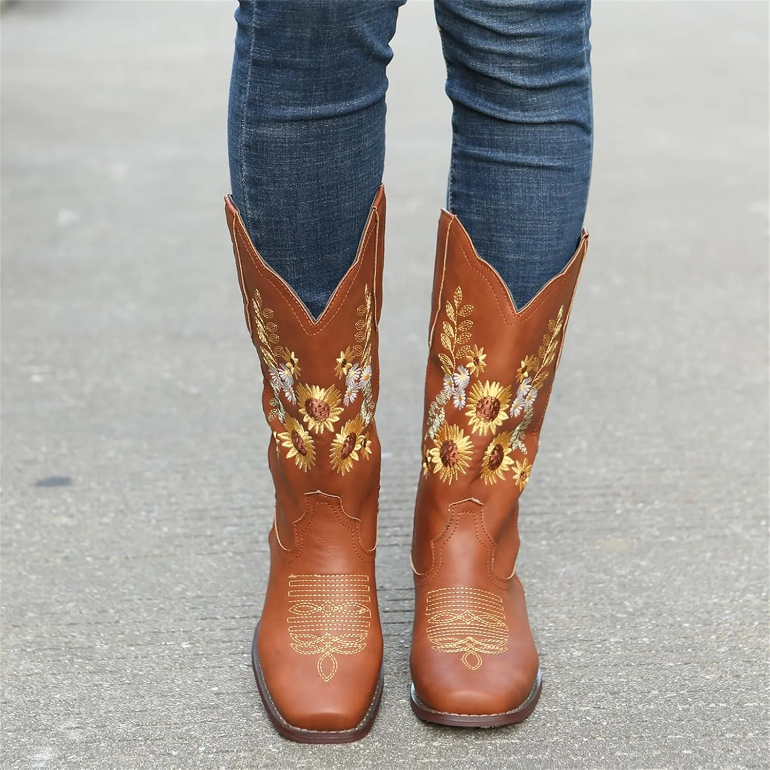 HINDOLA Cowboy Boots for Women Mid Calf Cowgirl Western Boots Sunflower Embroidery Stitched Square Toe Low Heel Ankle Boots