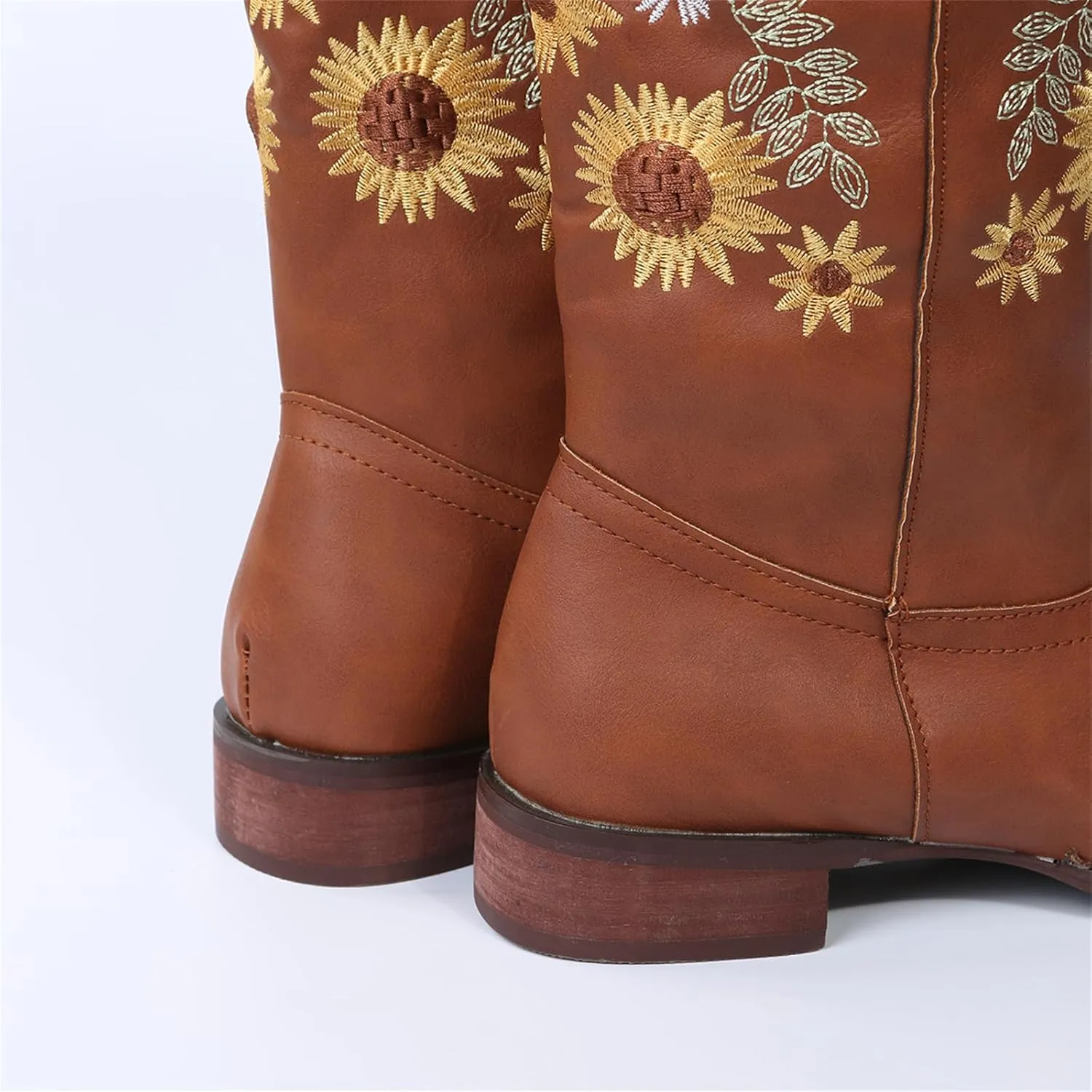 HINDOLA Cowboy Boots for Women Mid Calf Cowgirl Western Boots Sunflower Embroidery Stitched Square Toe Low Heel Ankle Boots