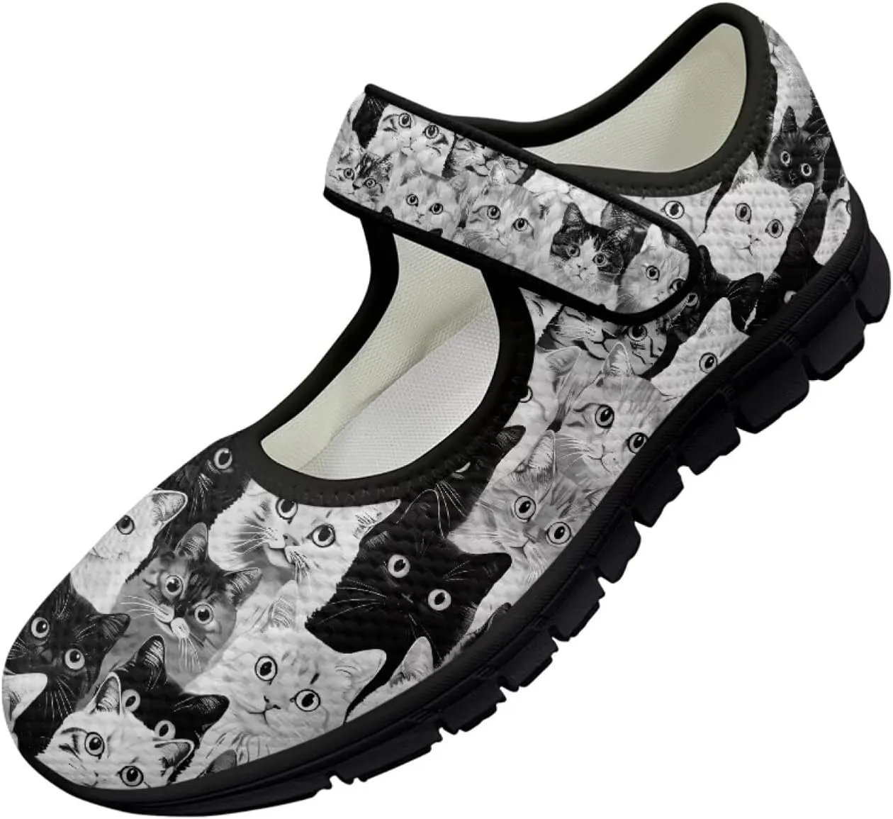 Howilath Cat Print Mary Jane Shoes Women Round Toe Dress Dance Shoes Mesh Casual Flats Shoes with Magic Sticker