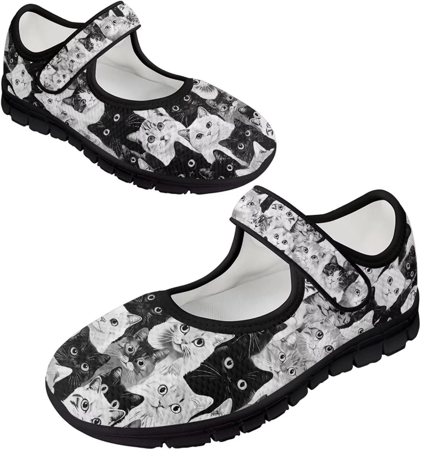 Howilath Cat Print Mary Jane Shoes Women Round Toe Dress Dance Shoes Mesh Casual Flats Shoes with Magic Sticker
