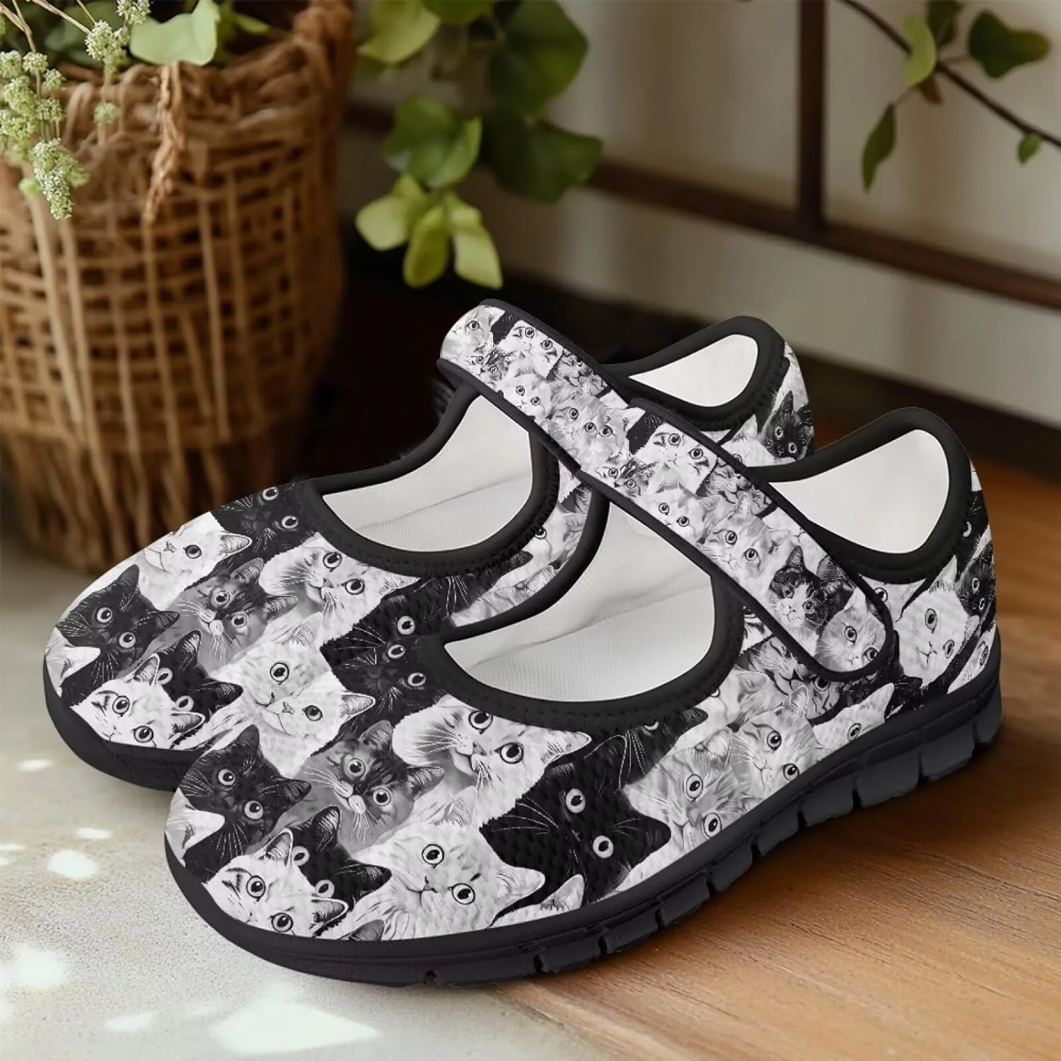 Howilath Cat Print Mary Jane Shoes Women Round Toe Dress Dance Shoes Mesh Casual Flats Shoes with Magic Sticker