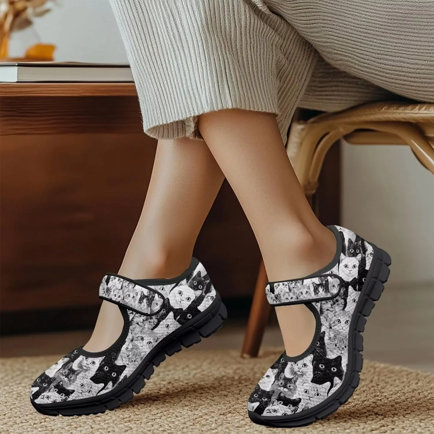 Howilath Cat Print Mary Jane Shoes Women Round Toe Dress Dance Shoes Mesh Casual Flats Shoes with Magic Sticker