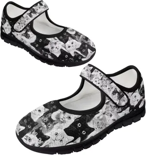 Howilath Cat Print Mary Jane Shoes Women Round Toe Dress Dance Shoes Mesh Casual Flats Shoes with Magic Sticker