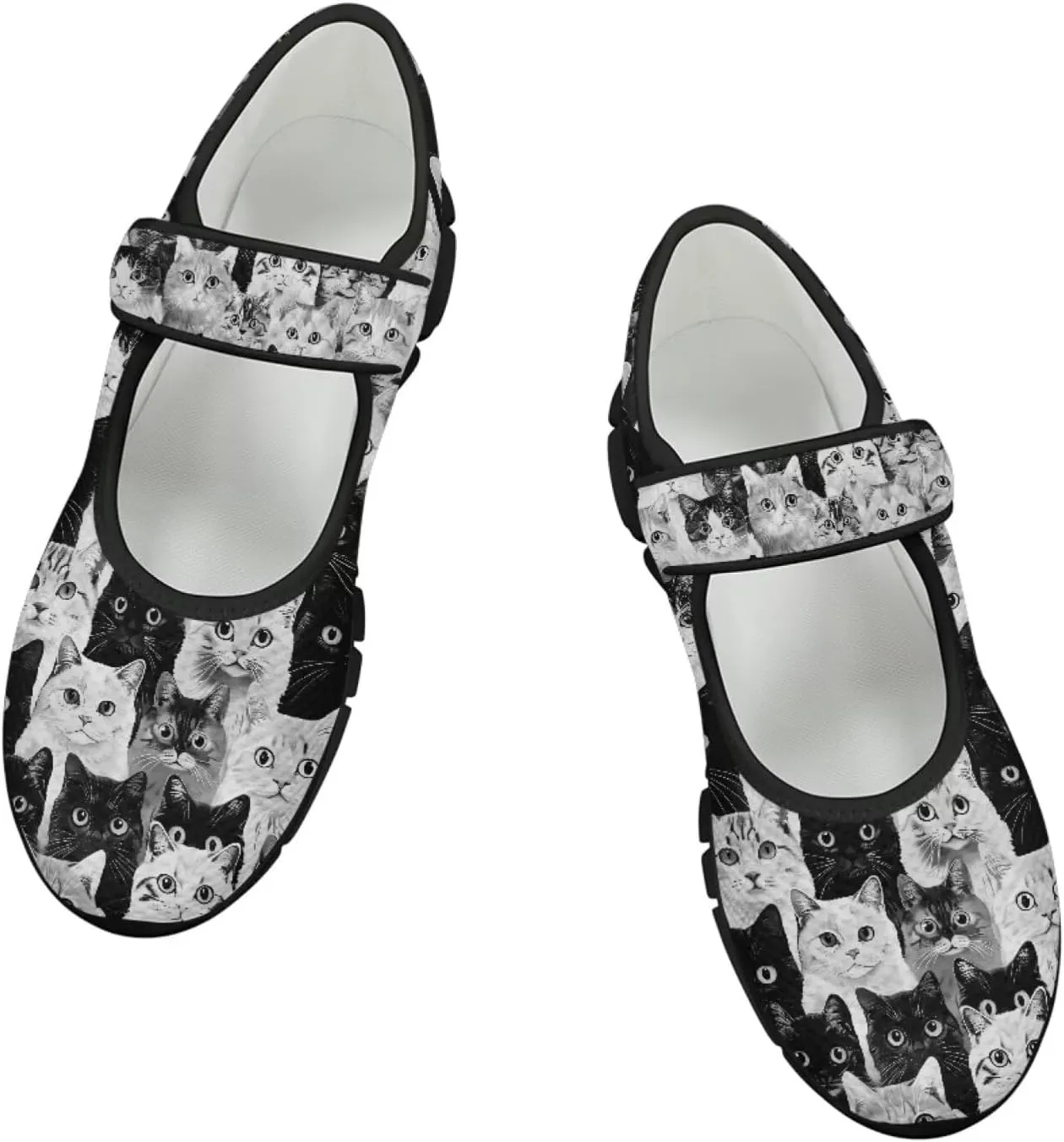 Howilath Cat Print Mary Jane Shoes Women Round Toe Dress Dance Shoes Mesh Casual Flats Shoes with Magic Sticker