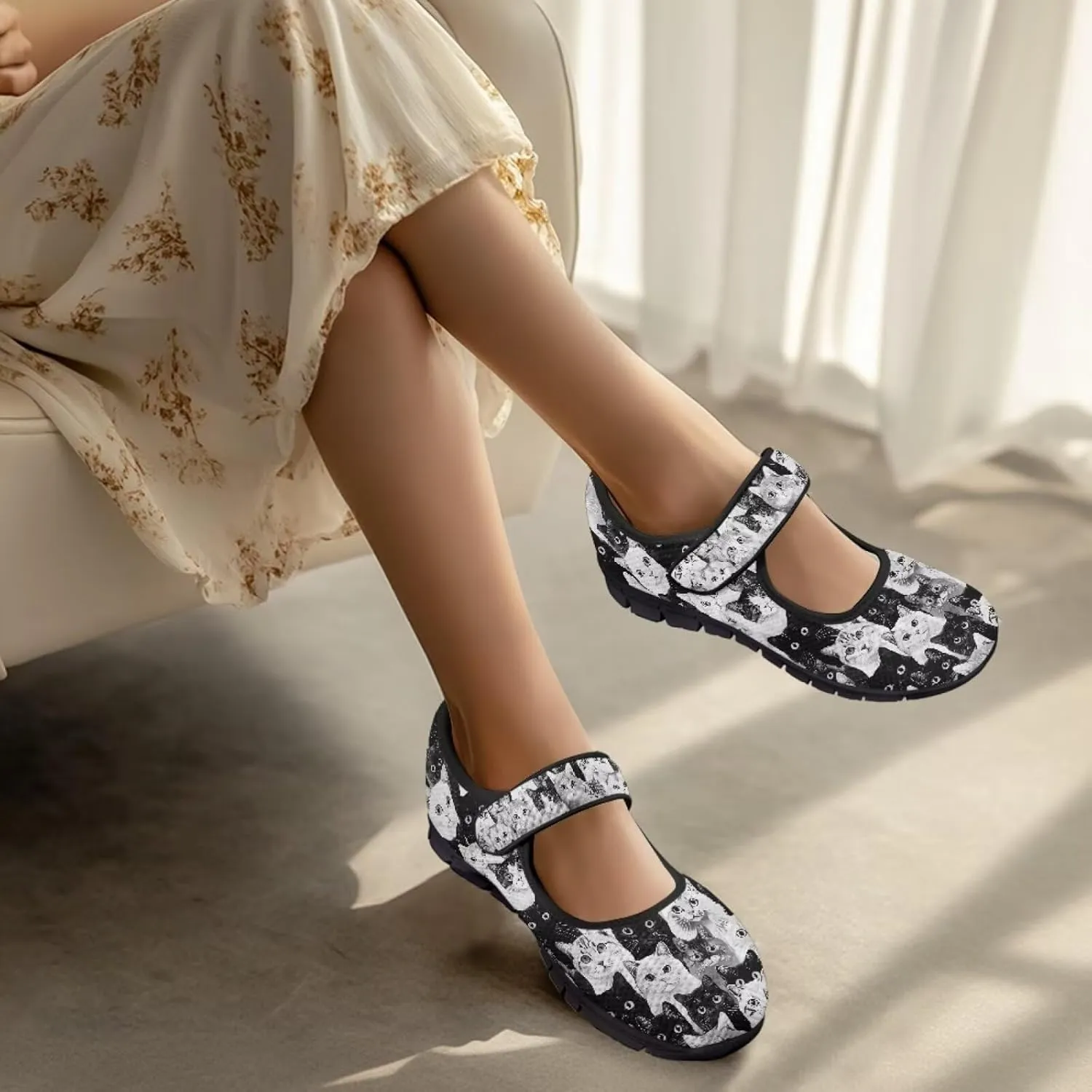 Howilath Cat Print Mary Jane Shoes Women Round Toe Dress Dance Shoes Mesh Casual Flats Shoes with Magic Sticker