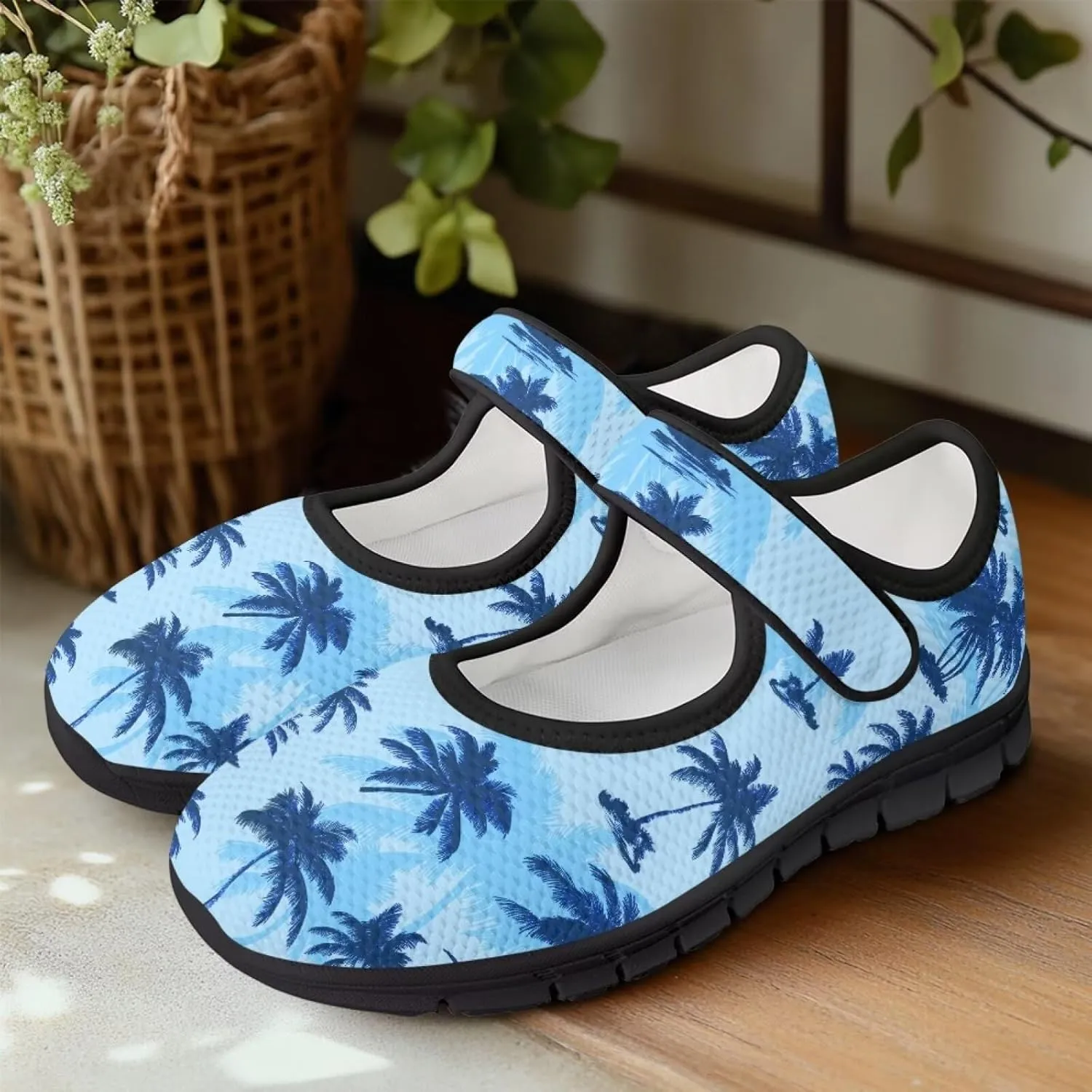 Howilath Hawaiian Tree Print Dress Shoes for Women Mary Jane Sneakers Casual Flats Shoes Ballet Flats Shoes with Magic Sticker