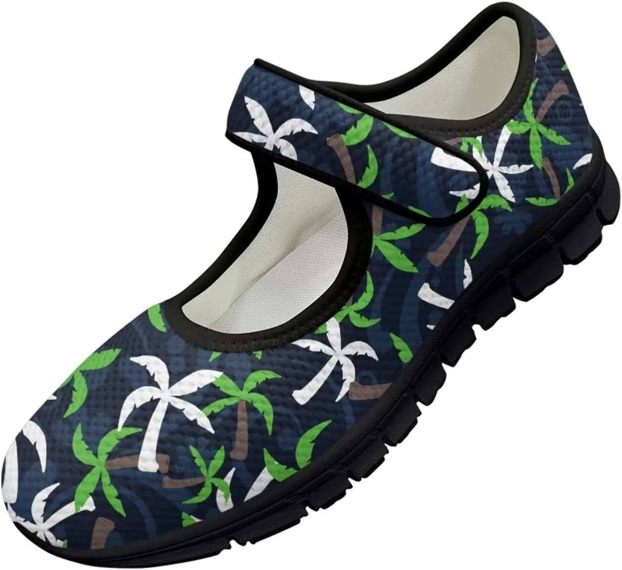 Howilath Hawaiian Tree Print Dress Shoes for Women Mary Jane Sneakers Casual Flats Shoes Ballet Flats Shoes with Magic Sticker