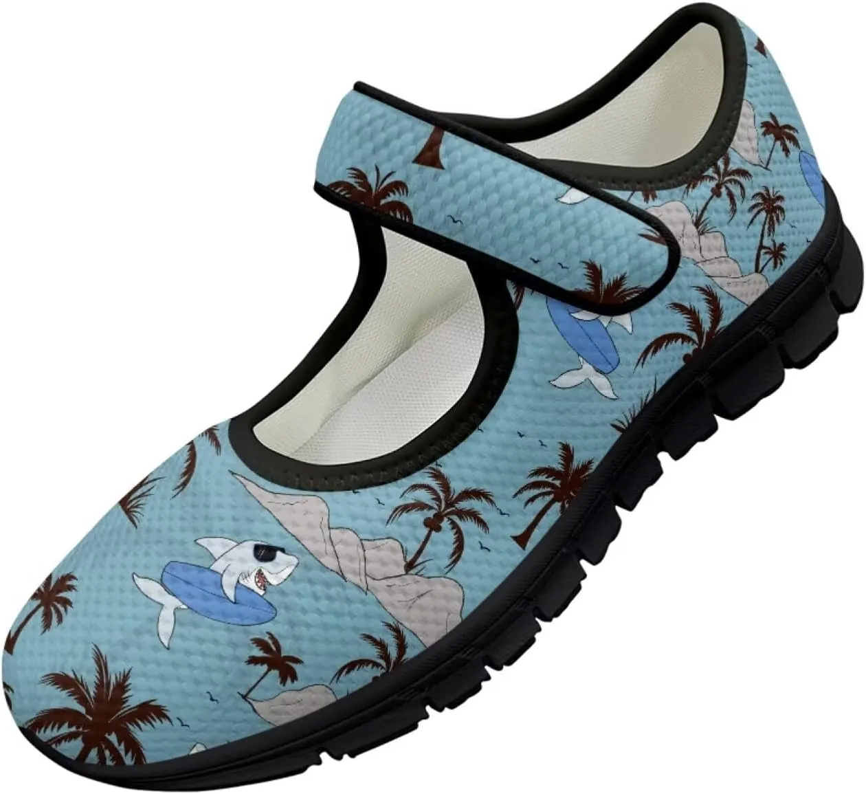 Howilath Hawaiian Tree Print Dress Shoes for Women Mary Jane Sneakers Casual Flats Shoes Ballet Flats Shoes with Magic Sticker