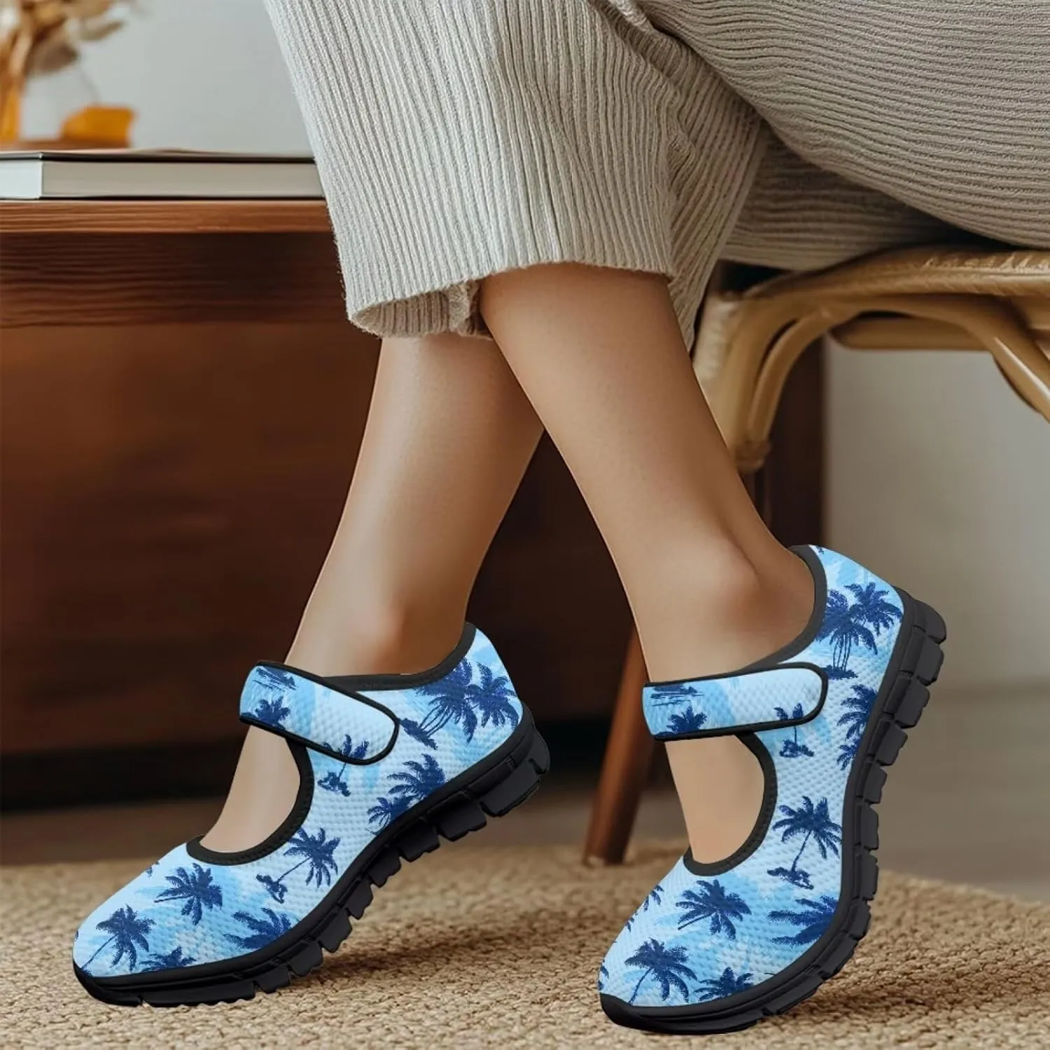 Howilath Hawaiian Tree Print Dress Shoes for Women Mary Jane Sneakers Casual Flats Shoes Ballet Flats Shoes with Magic Sticker
