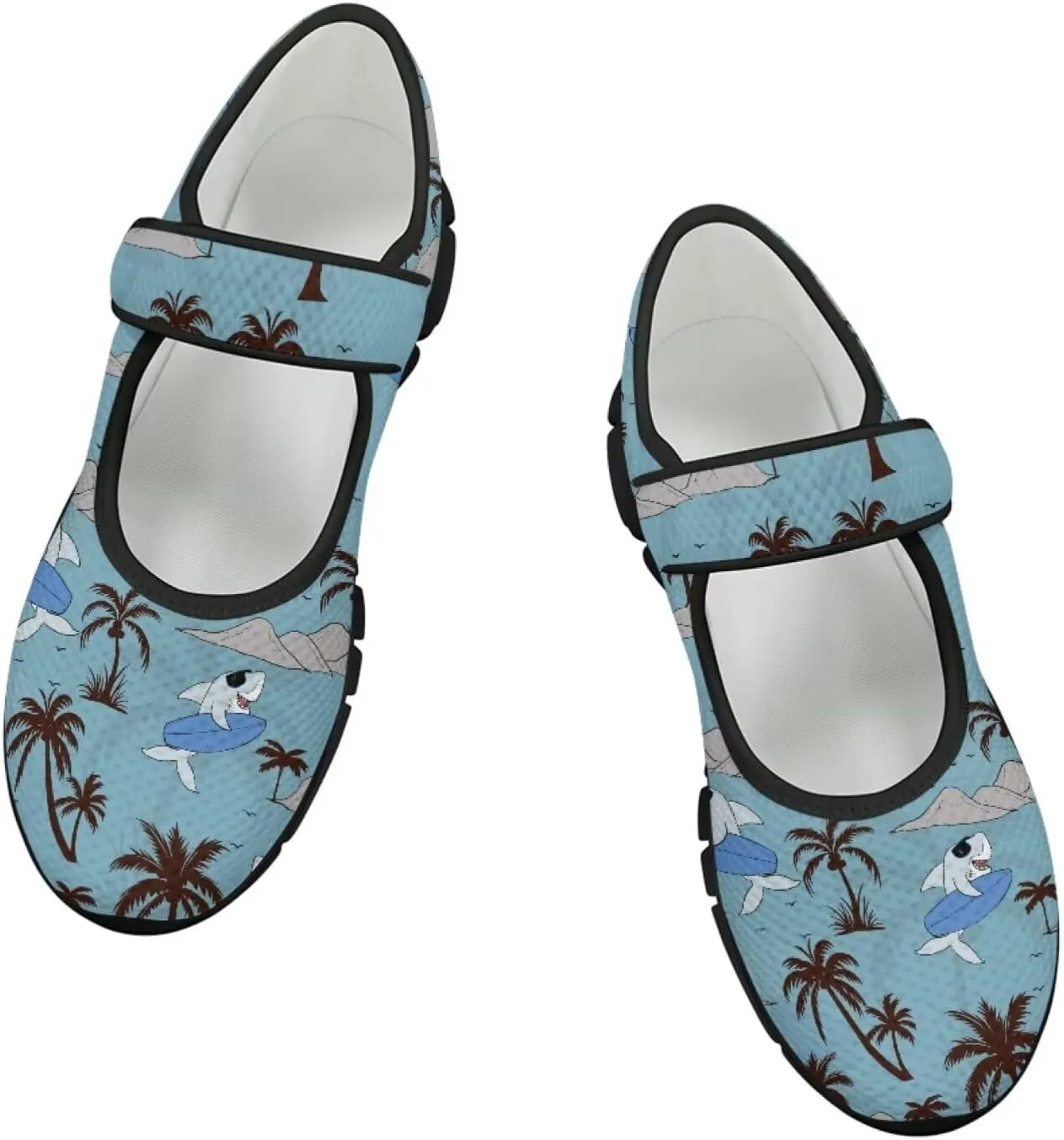 Howilath Hawaiian Tree Print Dress Shoes for Women Mary Jane Sneakers Casual Flats Shoes Ballet Flats Shoes with Magic Sticker