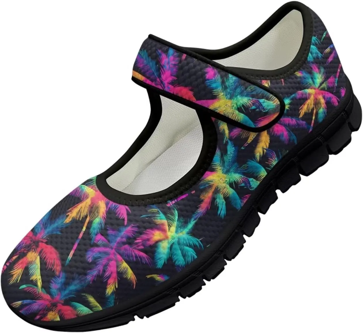 Howilath Hawaiian Tree Print Dress Shoes for Women Mary Jane Sneakers Casual Flats Shoes Ballet Flats Shoes with Magic Sticker