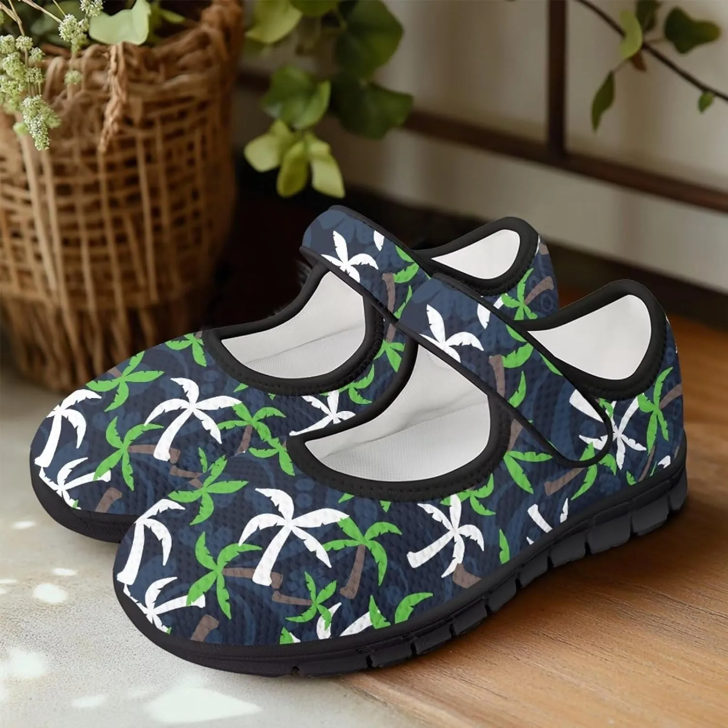 Howilath Hawaiian Tree Print Dress Shoes for Women Mary Jane Sneakers Casual Flats Shoes Ballet Flats Shoes with Magic Sticker