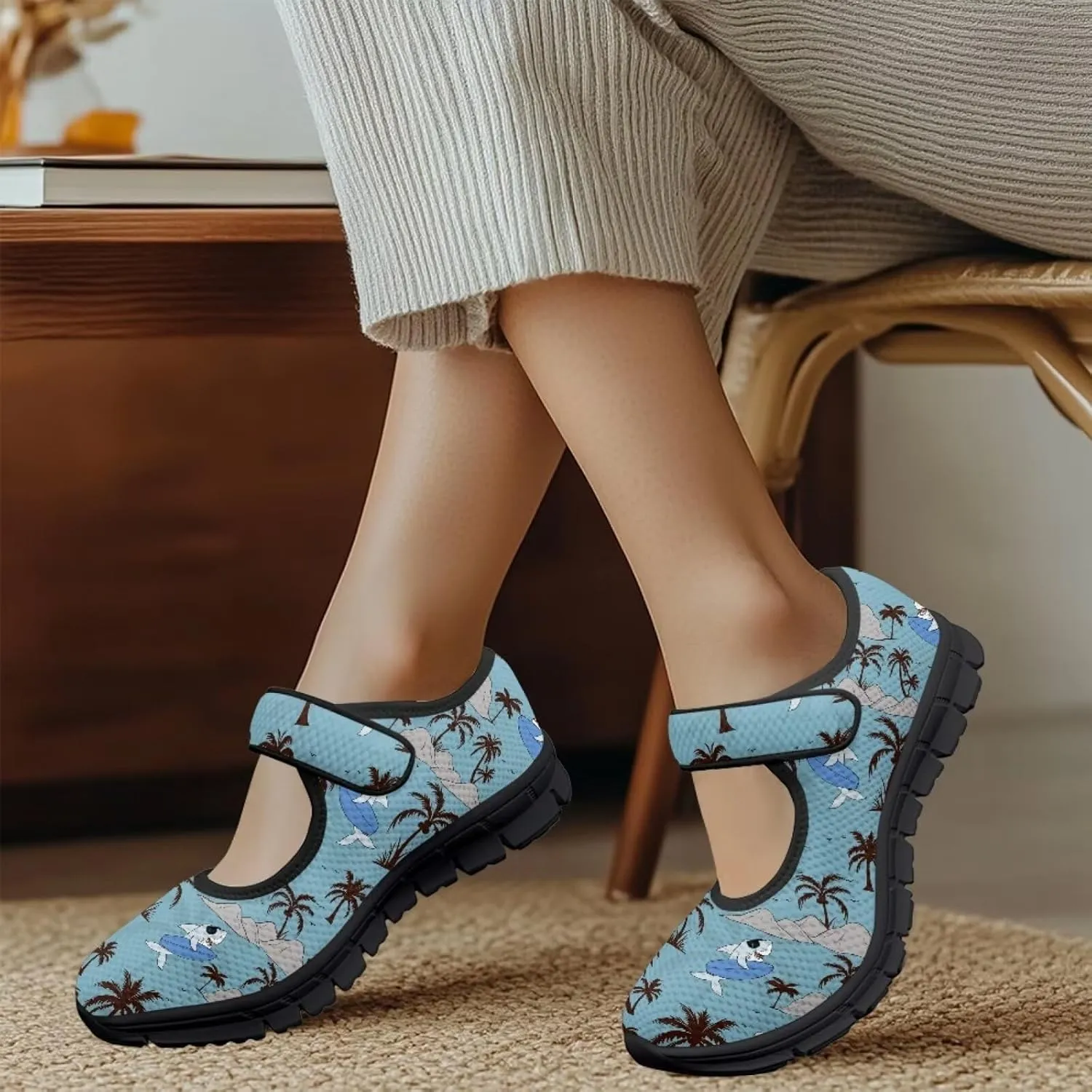 Howilath Hawaiian Tree Print Dress Shoes for Women Mary Jane Sneakers Casual Flats Shoes Ballet Flats Shoes with Magic Sticker