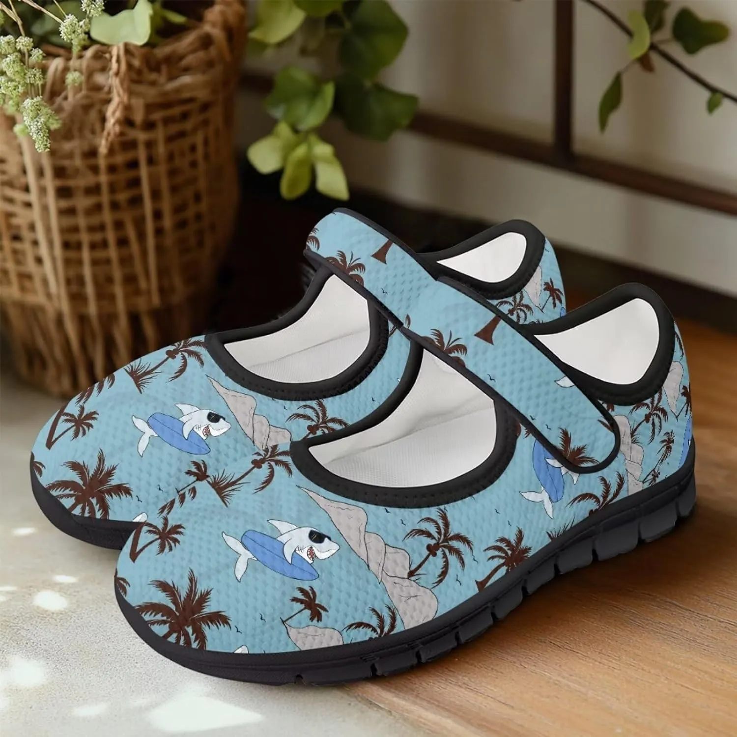 Howilath Hawaiian Tree Print Dress Shoes for Women Mary Jane Sneakers Casual Flats Shoes Ballet Flats Shoes with Magic Sticker