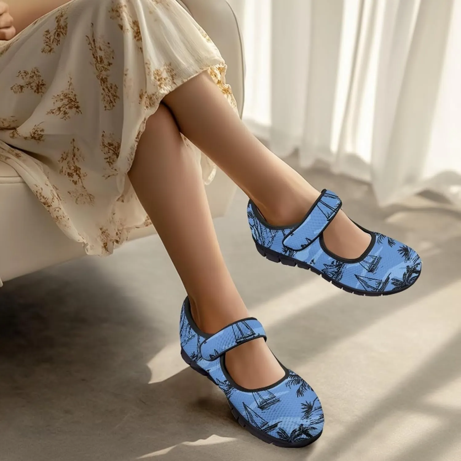 Howilath Hawaiian Tree Print Dress Shoes for Women Mary Jane Sneakers Casual Flats Shoes Ballet Flats Shoes with Magic Sticker