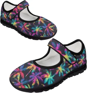 Howilath Hawaiian Tree Print Dress Shoes for Women Mary Jane Sneakers Casual Flats Shoes Ballet Flats Shoes with Magic Sticker