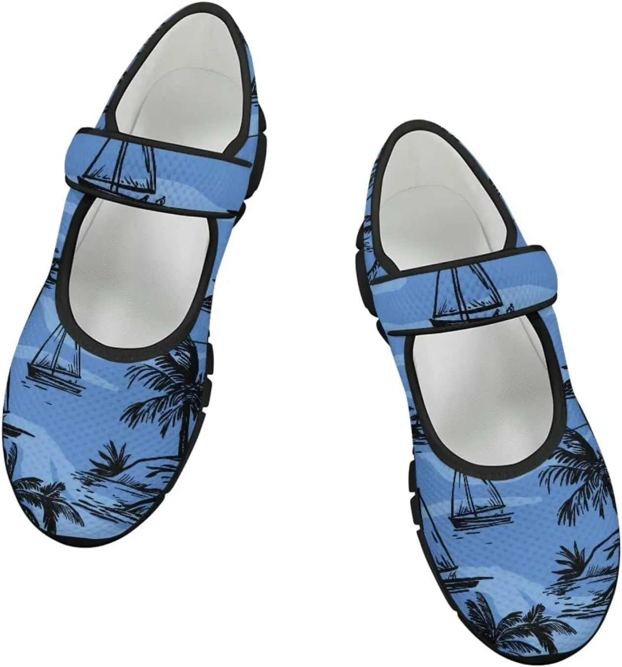 Howilath Hawaiian Tree Print Dress Shoes for Women Mary Jane Sneakers Casual Flats Shoes Ballet Flats Shoes with Magic Sticker