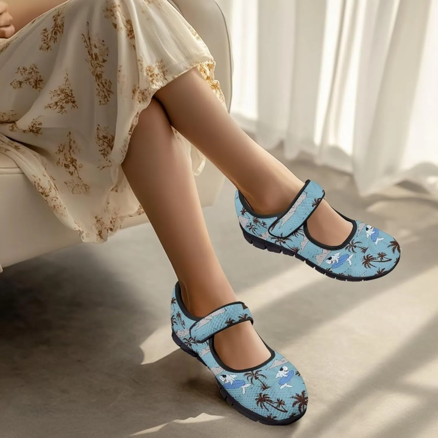Howilath Hawaiian Tree Print Dress Shoes for Women Mary Jane Sneakers Casual Flats Shoes Ballet Flats Shoes with Magic Sticker