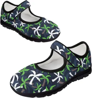 Howilath Hawaiian Tree Print Dress Shoes for Women Mary Jane Sneakers Casual Flats Shoes Ballet Flats Shoes with Magic Sticker
